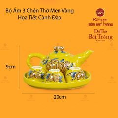Bộ Ấm 3 Chén Thờ Men Vàng Họa Tiết Cành Đào