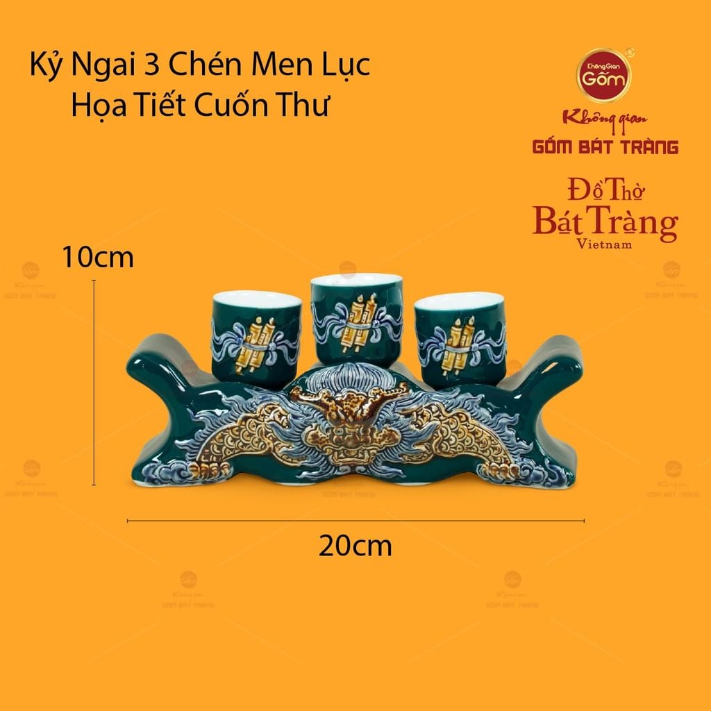 Bộ Kỷ Ngai 3 Chén Thờ Men Lục Họa Tiết Cuốn Thư