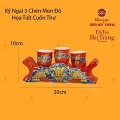 Bộ Kỷ Ngai 3 Chén Thờ Men Đỏ Họa Tiết Cuốn Thư