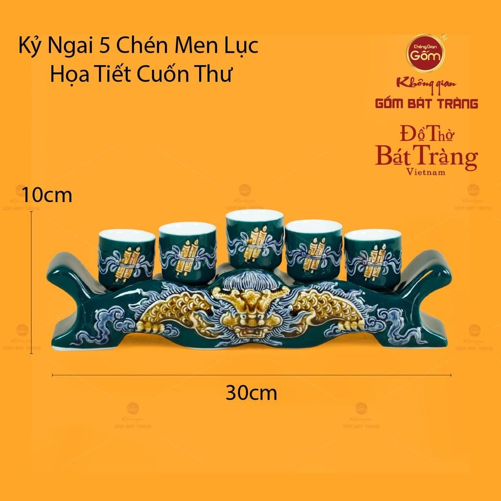 Bộ Kỷ Ngai 5 Chén Thờ Men Lục Họa Tiết Cuốn Thư
