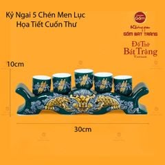 Bộ Kỷ Ngai 5 Chén Thờ Men Lục Họa Tiết Cuốn Thư
