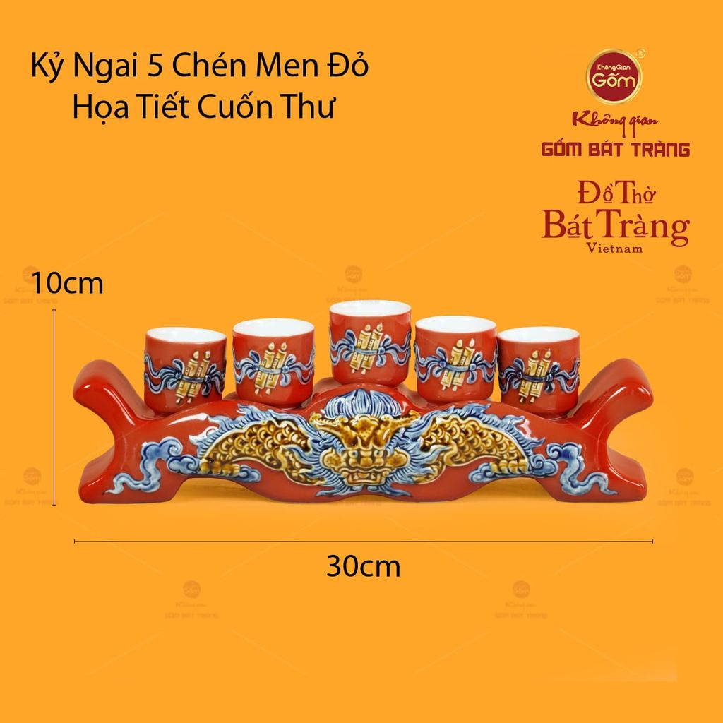 Bộ Kỷ Ngai 5 Chén Thờ Men Đỏ Họa Tiết Cuốn Thư