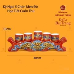 Bộ Kỷ Ngai 5 Chén Thờ Men Đỏ Họa Tiết Cuốn Thư