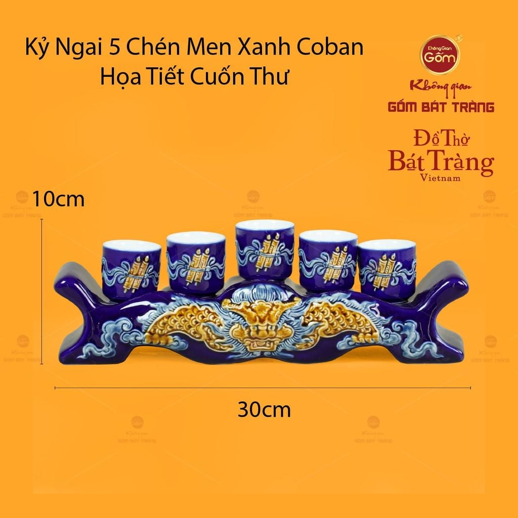 Bộ Kỷ Ngai 5 Chén Thờ Men Xanh Coban Họa Tiết Cuốn Thư