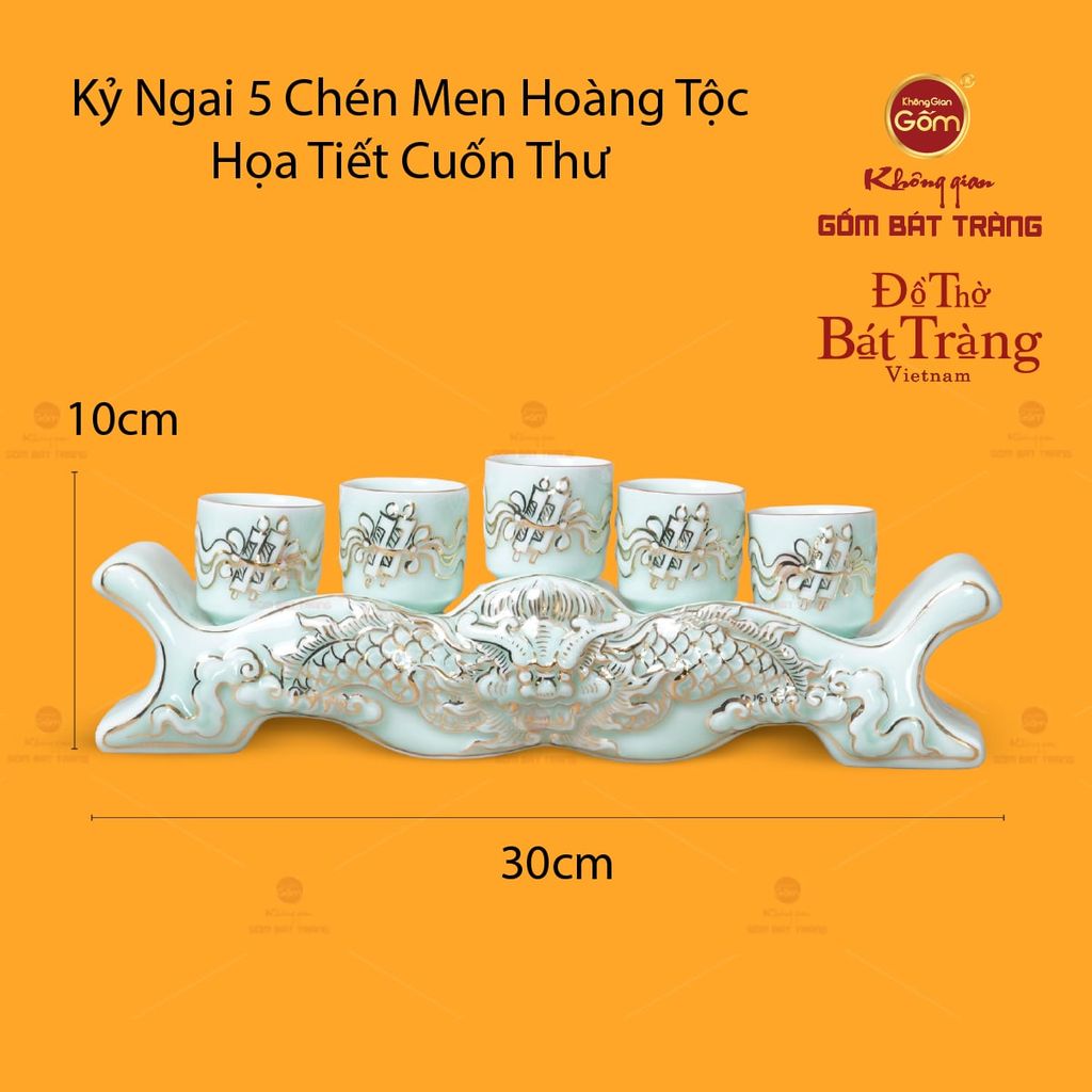 Bộ Kỷ Ngai 5 Chén Men Ngọc Hoàng Tộc Cuốn Thư Vẽ Vàng