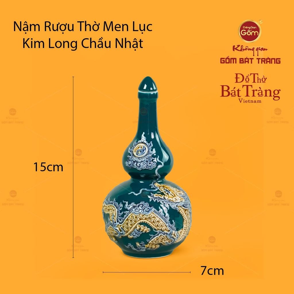 Nậm Rượu Thờ Men Lục Họa Tiết Kim Long Chầu Nhật