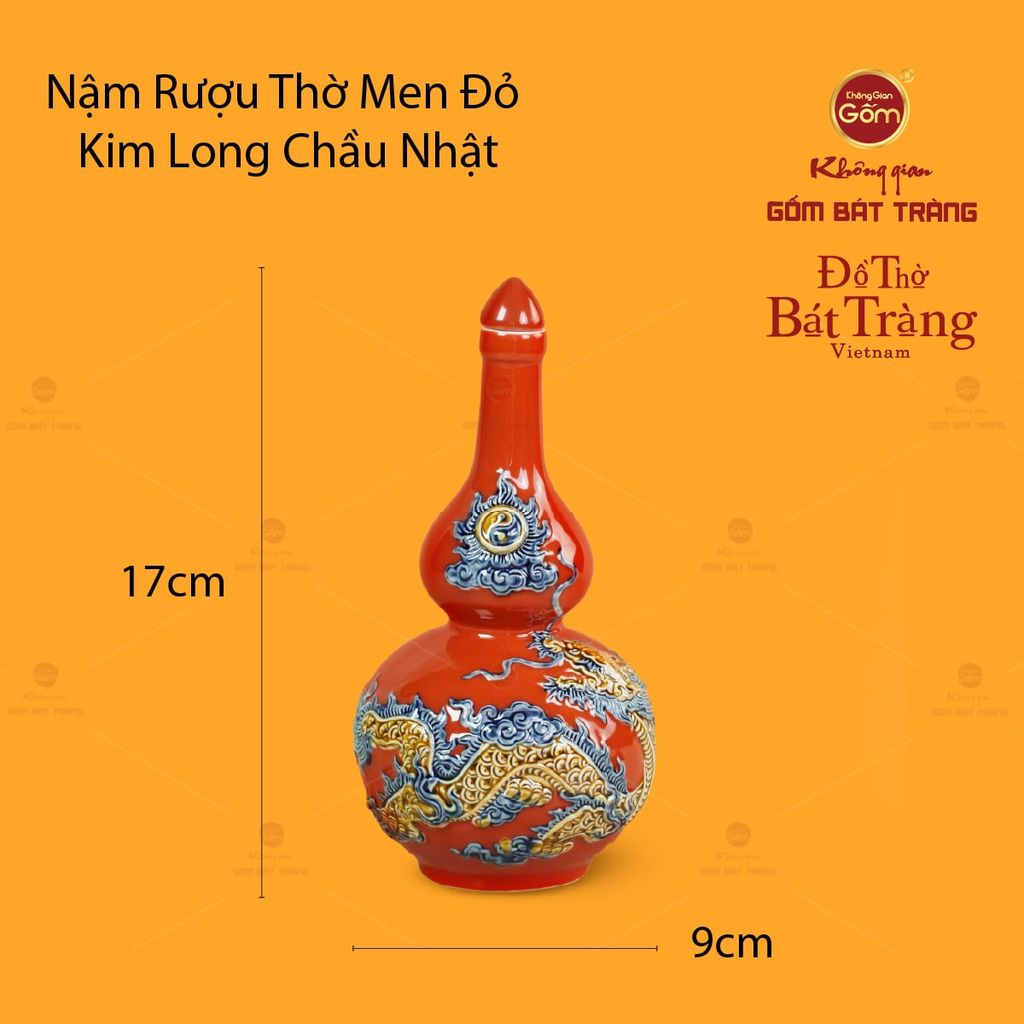 Nậm Rượu Thờ Men Đỏ Họa Tiết Kim Long Chầu Nhật