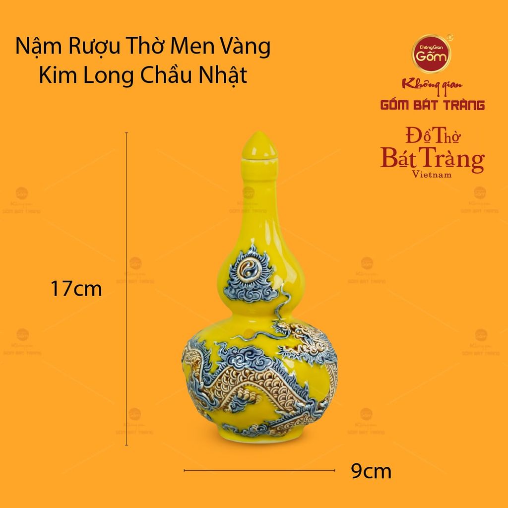 Nậm Rượu Thờ Men Vàng Họa Tiết Kim Long Chầu Nhật