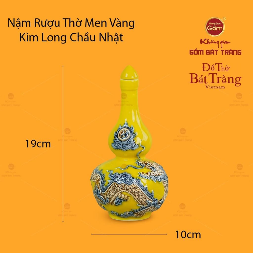 Nậm Rượu Thờ Men Vàng Họa Tiết Kim Long Chầu Nhật