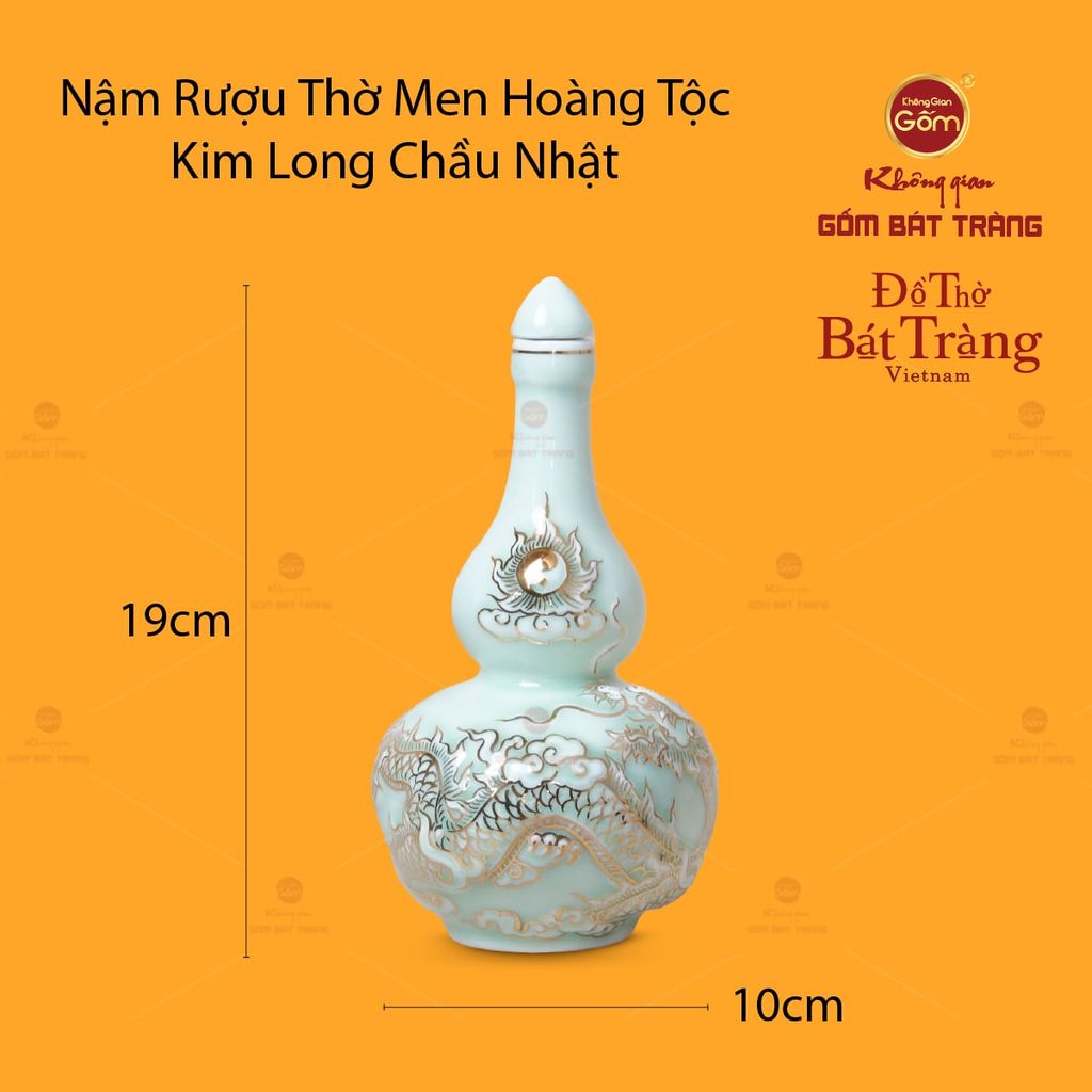 Nậm Rượu Men Ngọc Hoàng Tộc Kim Long Chầu Nhật Vẽ Vàng