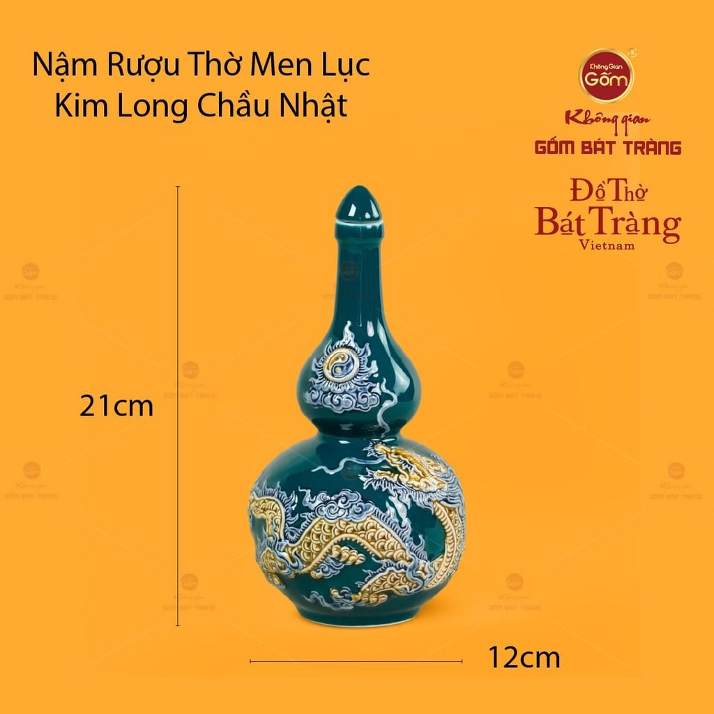Nậm Rượu Thờ Men Lục Họa Tiết Kim Long Chầu Nhật
