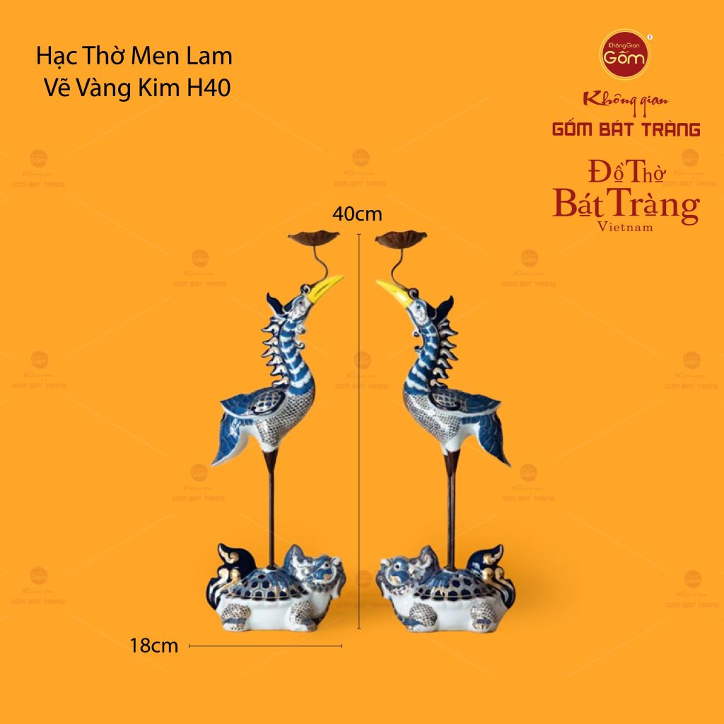 Hạc Thờ Xanh Men Lam Vẽ Vàng (Chiếc)