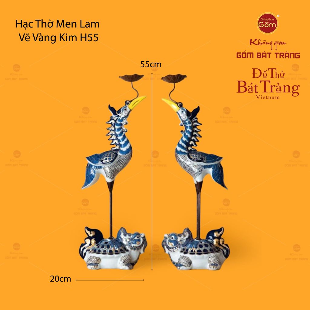 Hạc Thờ Xanh Men Lam Vẽ Vàng (Chiếc)
