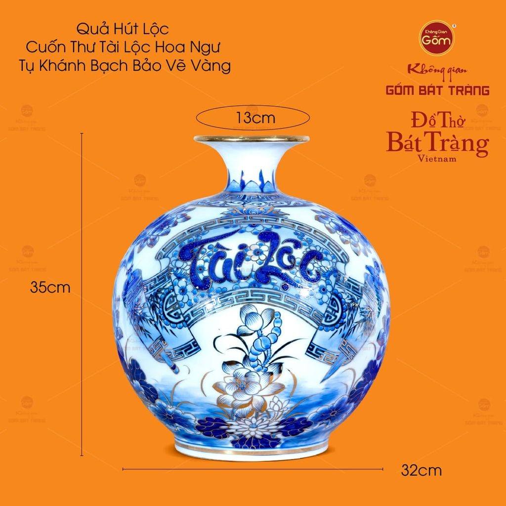 Bình Hút Lộc Cuốn Thư Tài Lộc Hoa Ngư Tụ Khánh Bạch Bảo Vẽ Vàng