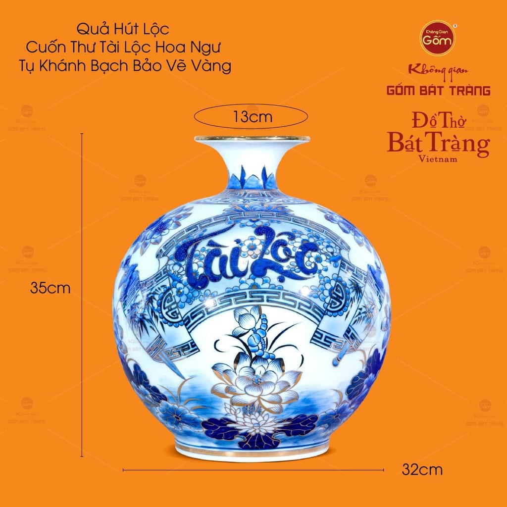 Bình Hút Lộc Cuốn Thư Tài Lộc Hoa Ngư Tụ Khánh Bạch Bảo Vẽ Vàng