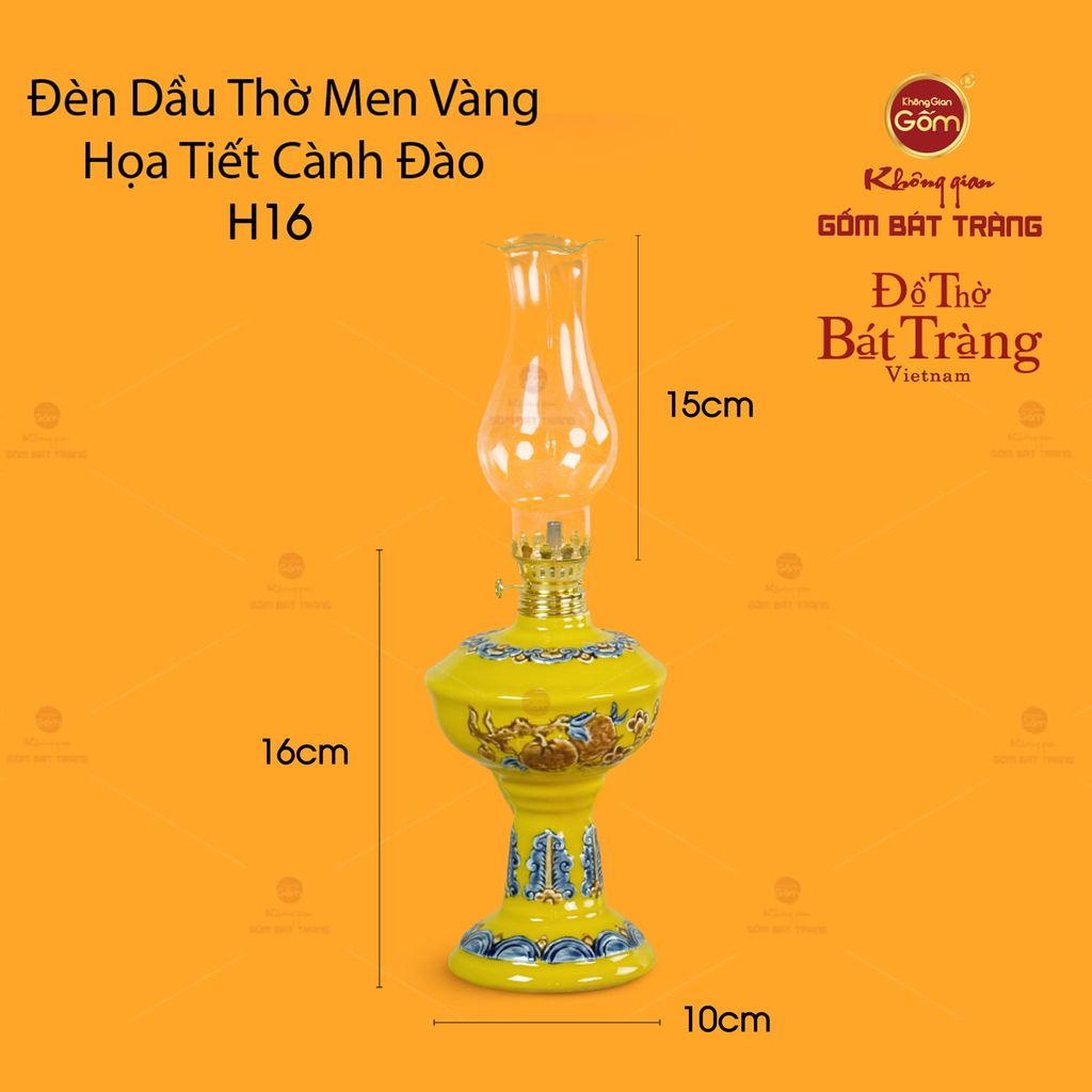 Đèn Dầu Thờ Men Vàng Họa Tiết Cành Đào