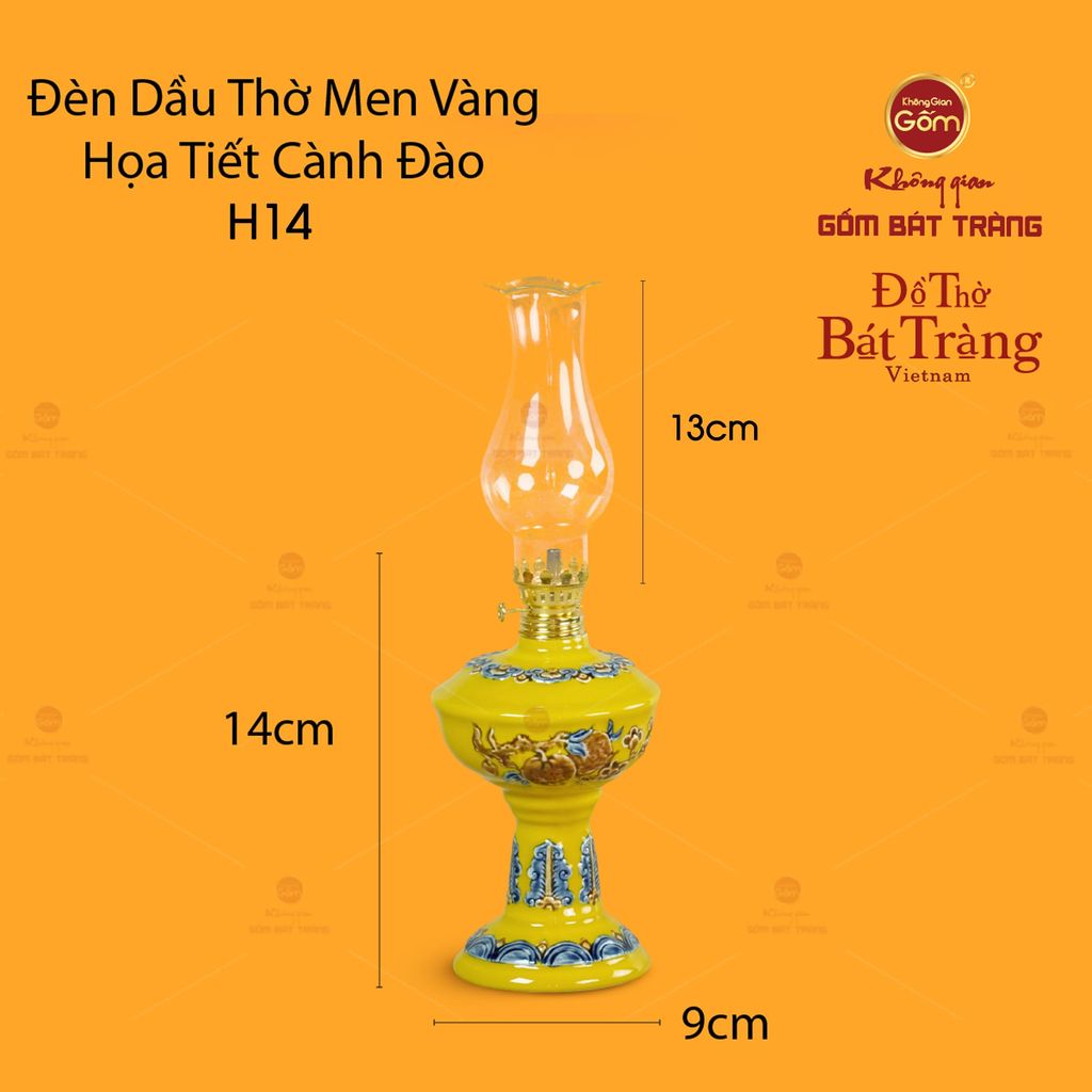 Đèn Dầu Thờ Men Vàng Họa Tiết Cành Đào