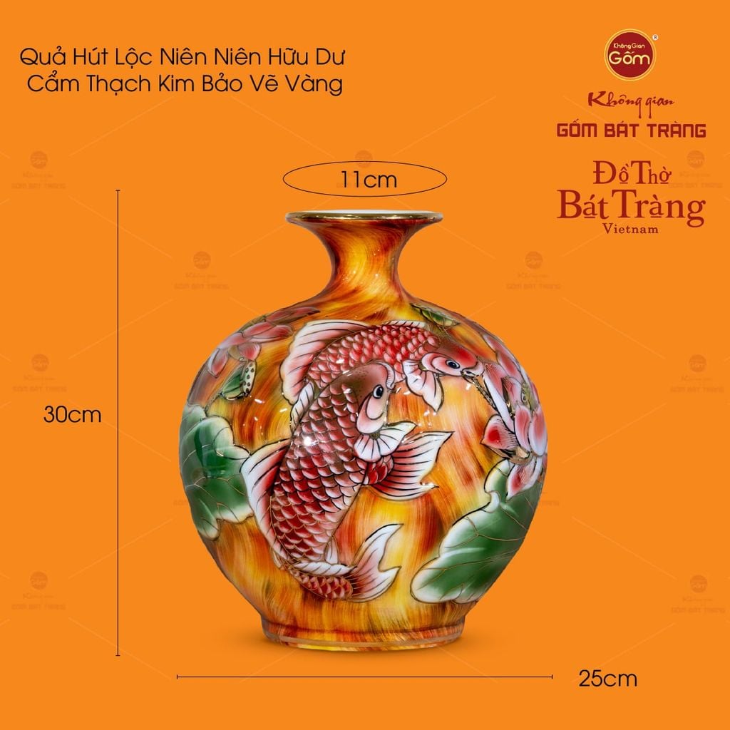 Bình Hút Lộc Niên Niên Hữu Dư Cẩm Thạch Kim Bảo Vẽ Vàng