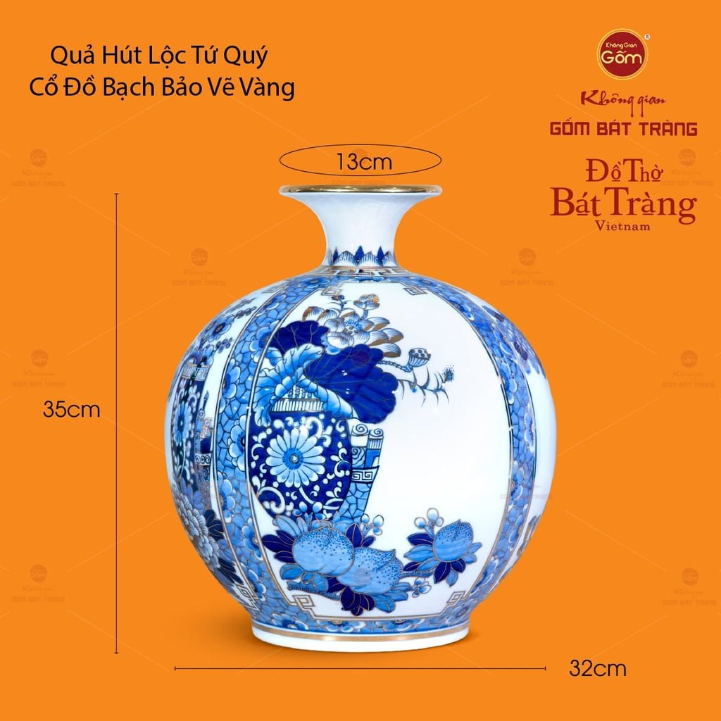 Bình Hút Lộc Tứ Quý Cổ Đồ Bạch Bảo Vẽ Vàng