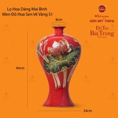 Lọ Hoa Dáng Mai Bình Men Đỏ Hoa Sen Vẽ Vàng