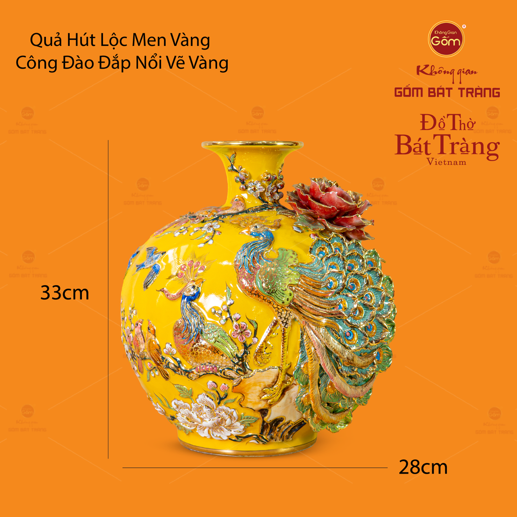 Quả Hút Lộc Men Vàng Đắp Nổi Vẽ Vàng Công Đào