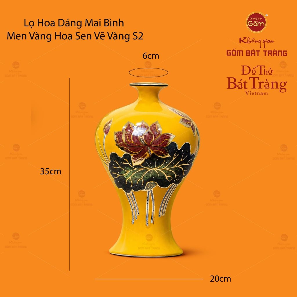 Lọ Hoa Dáng Mai Bình Men Vàng Hoa Sen Vẽ Vàng