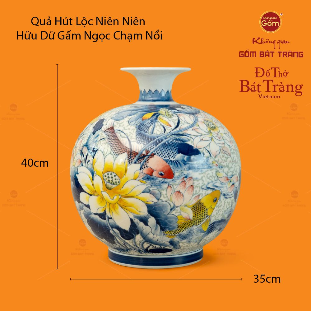 Quả Hút Lộc Niên Niên Hữu Dư Gấm Ngọc Chạm Nổi