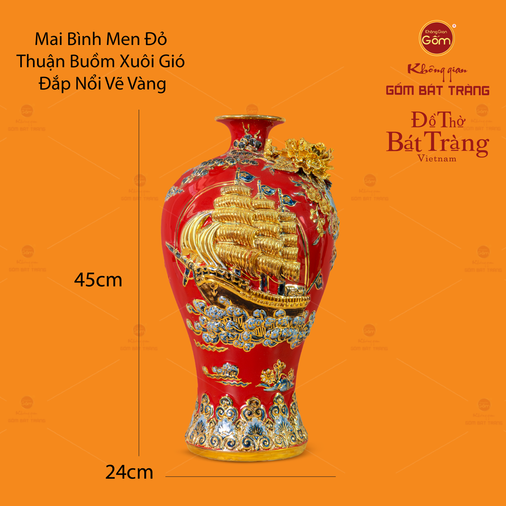 Mai Bình Men Đỏ Đắp Nổi Vẽ Vàng Thuận Buồm Xuôi Gió