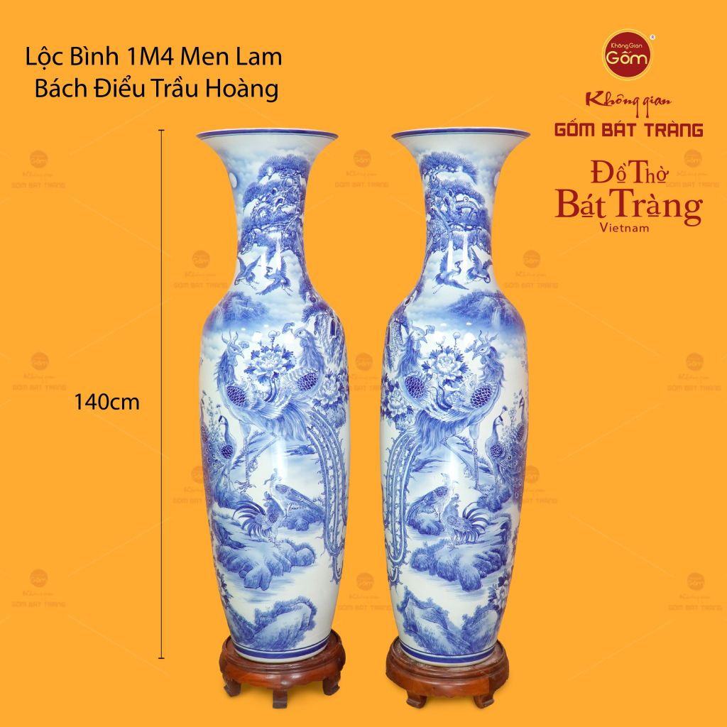 Lộc Bình 1M4 Men Lam Họa Tiết Bách Điểu Trầu Hoàng