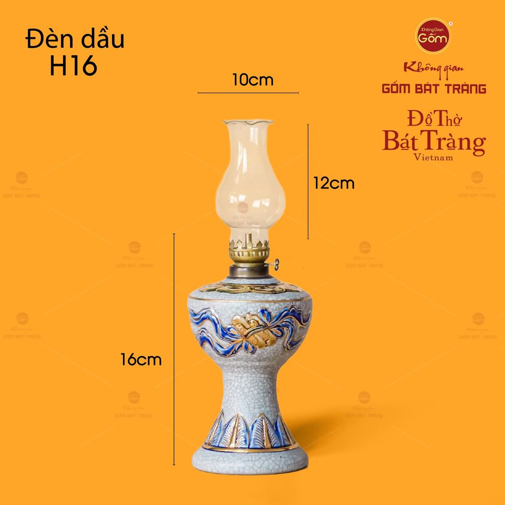 Đèn Dầu Thờ Cuốn Thư Men Rạn Vẽ Vàng