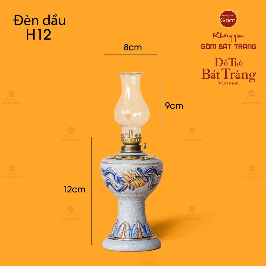 Đèn Dầu Thờ Cuốn Thư Men Rạn Vẽ Vàng