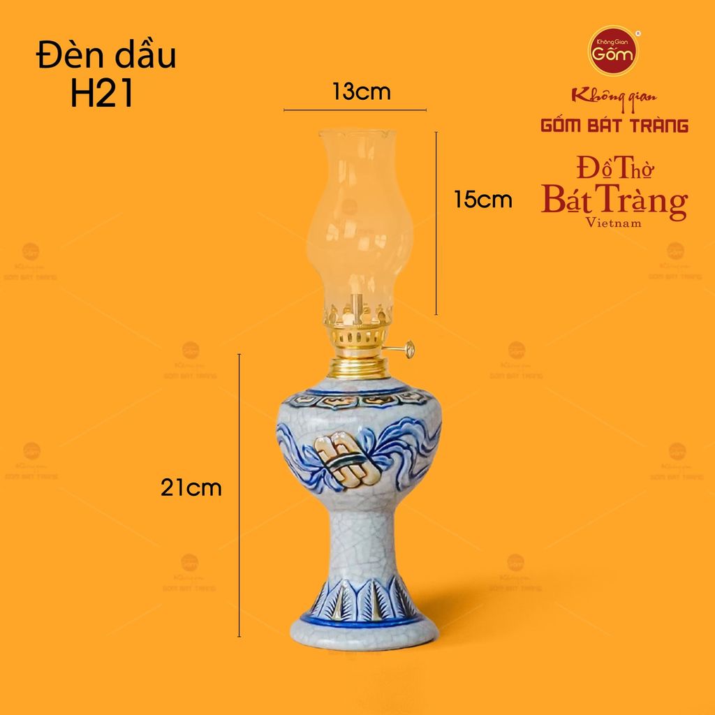 Đèn Dầu Thờ Men Rạn Họa Tiết Cuốn Thư