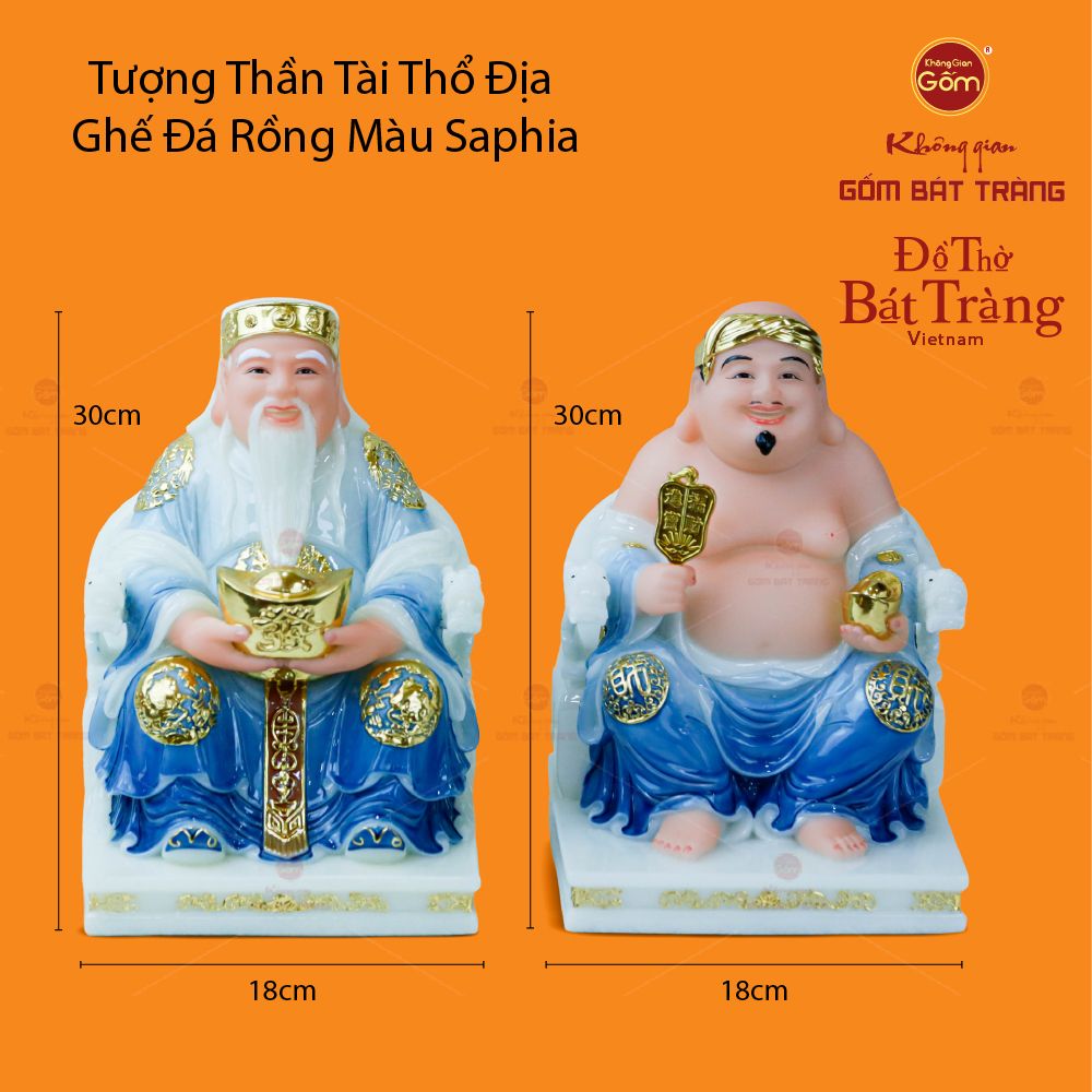 Bộ Tượng Thần Tài Thổ Địa Ghế Rồng Màu Saphia