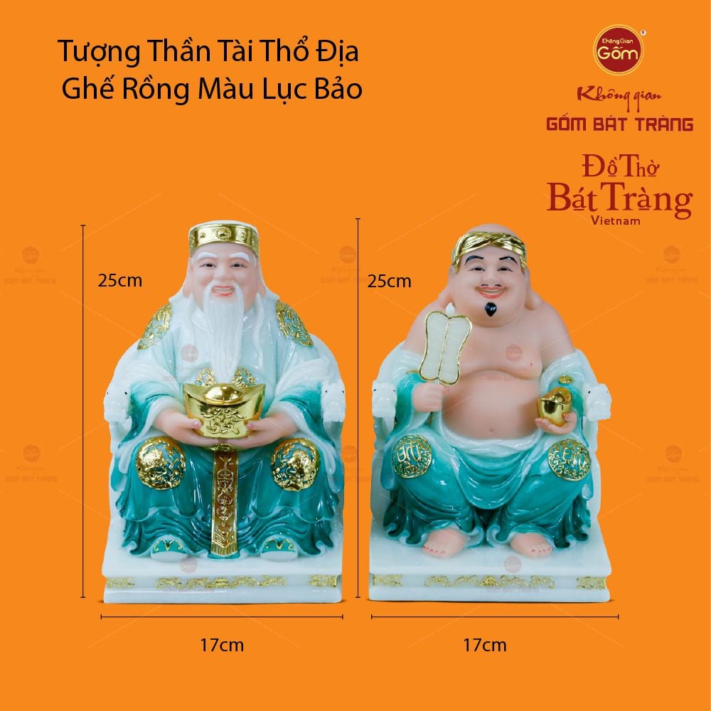 Bộ Tượng Thần Tài Thổ Địa Ghế Rồng Màu Lục Bảo