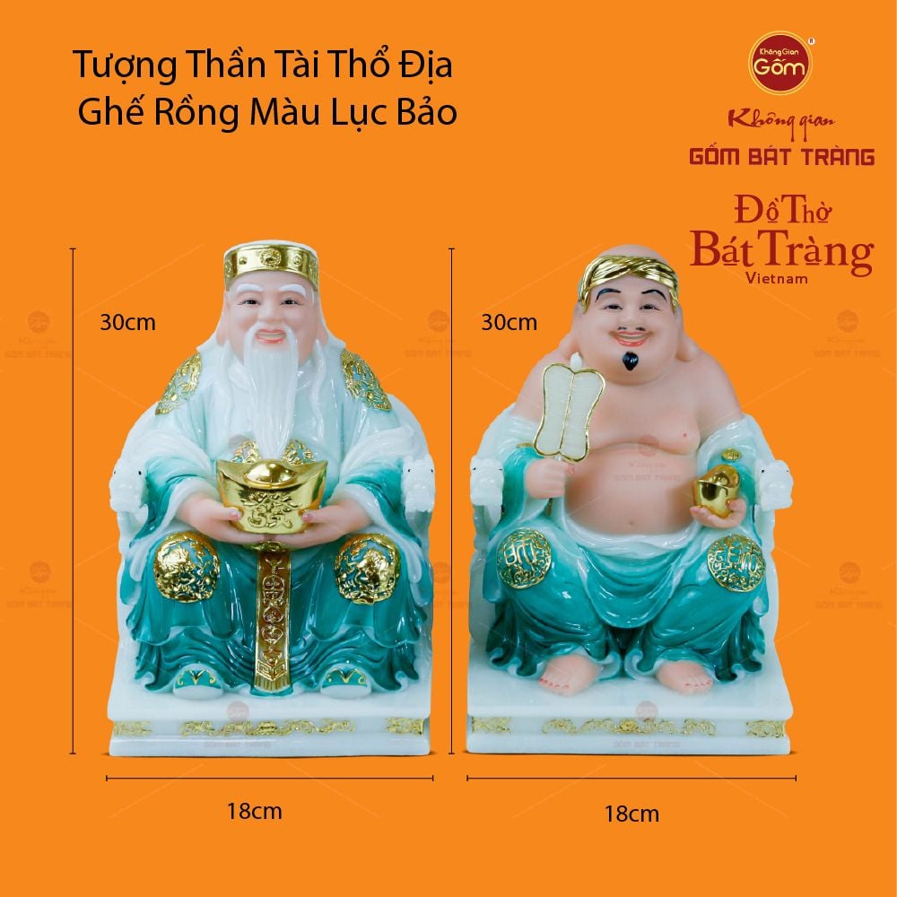 Bộ Tượng Thần Tài Thổ Địa Ghế Rồng Màu Lục Bảo