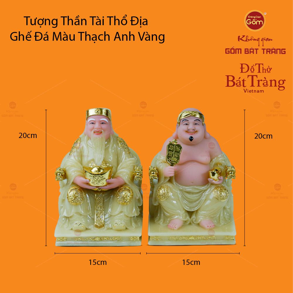 Bộ Tượng Thần Tài Thổ Địa Ghế Rồng Màu Thạch Anh Vàng