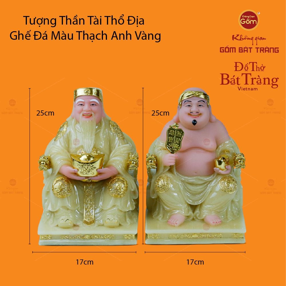 Bộ Tượng Thần Tài Thổ Địa Ghế Rồng Màu Thạch Anh Vàng