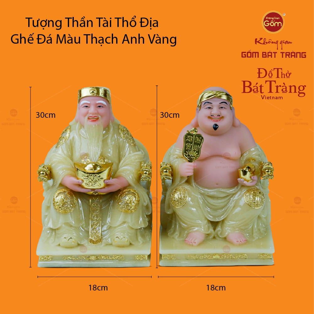 Bộ Tượng Thần Tài Thổ Địa Ghế Rồng Màu Thạch Anh Vàng