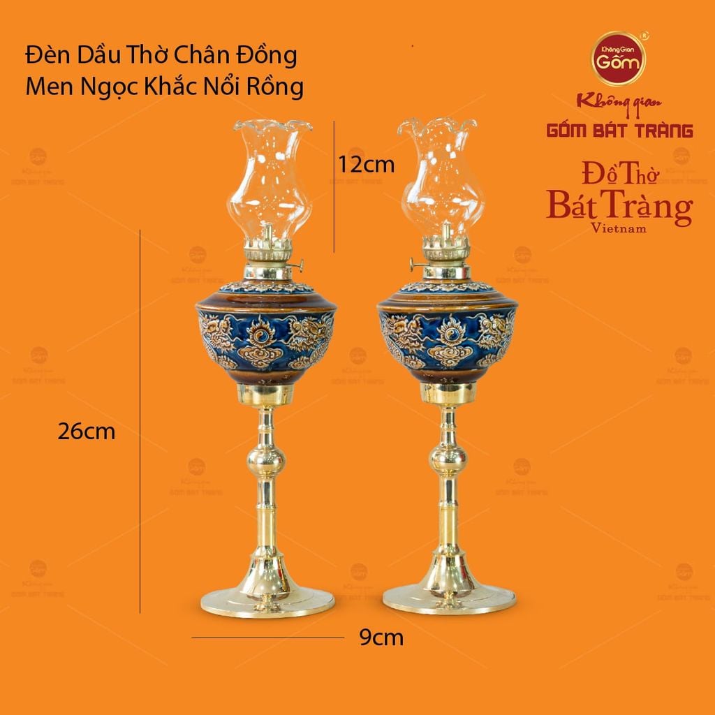 Đèn Dầu Thờ Men Ngọc Chạm Nổi Rồng