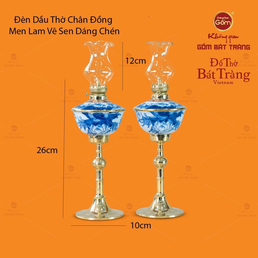 Đèn Dầu Thờ Chân Đồng Dáng Chén Men Lam Vẽ Sen