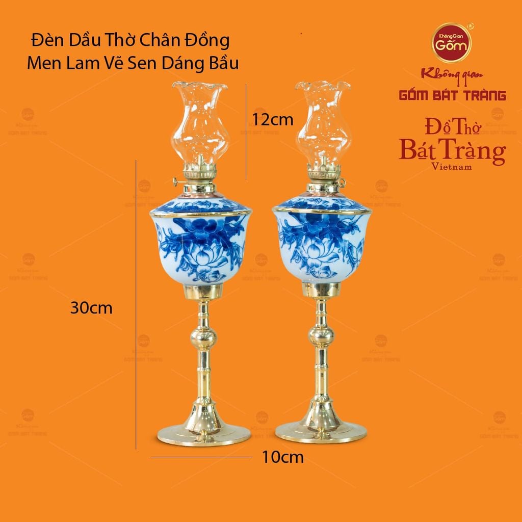 Đèn Dầu Thờ Chân Đồng Dáng Bầu Men Lam Vẽ Sen