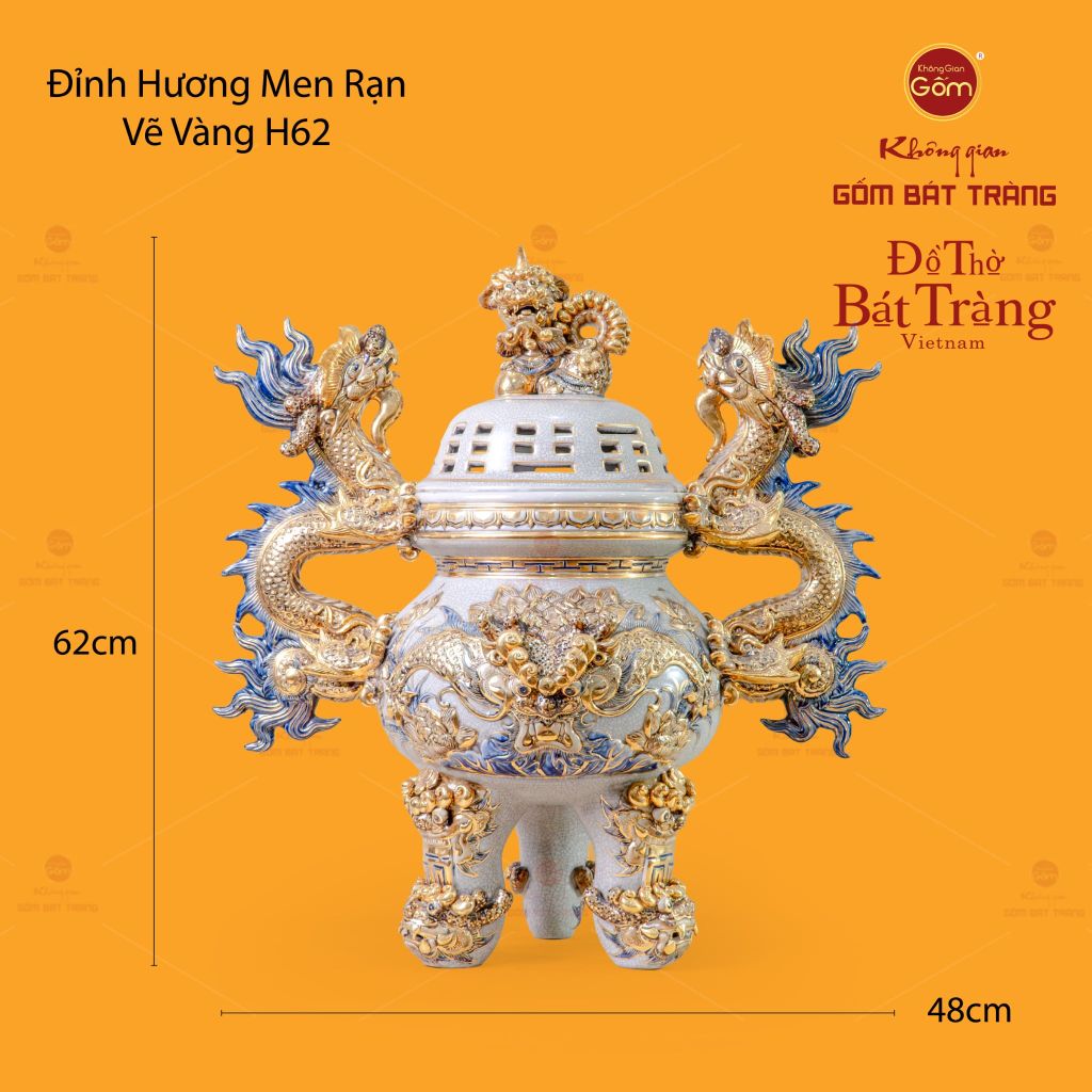 Đỉnh Hương Thờ Men Rạn Vẽ Vàng