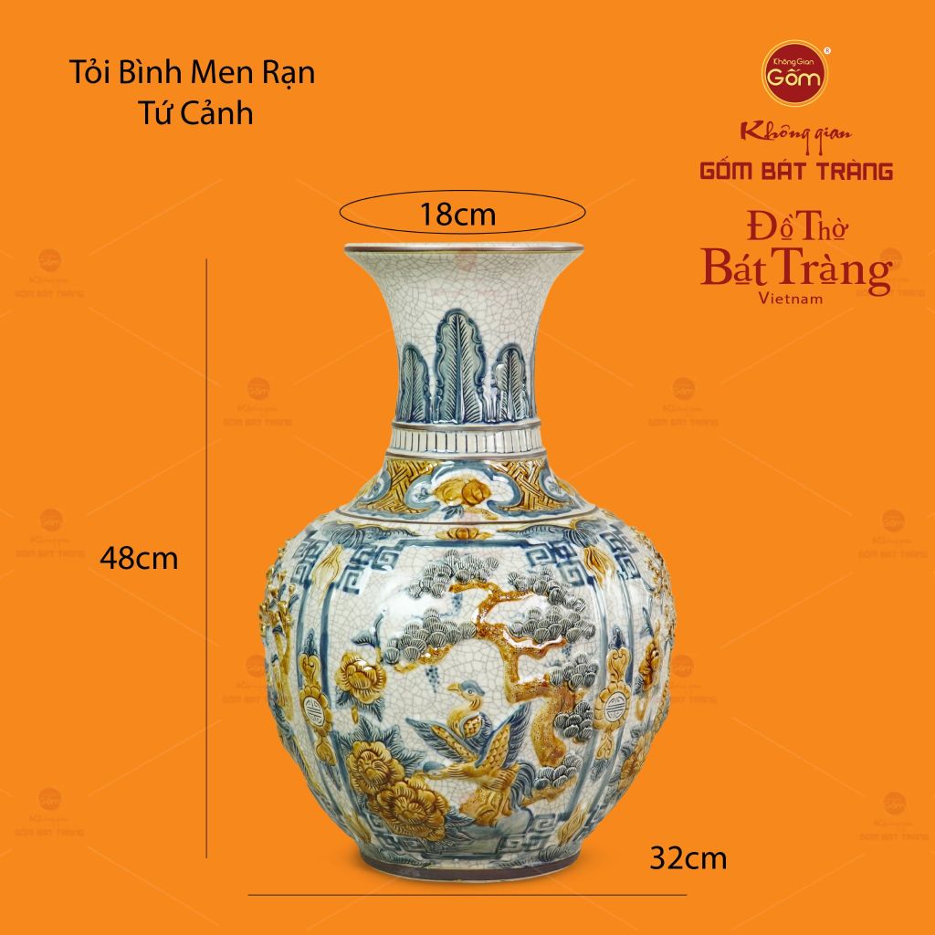 Tỏi Bình Men Rạn Đắp Nổi Họa Tiết Tứ Cảnh