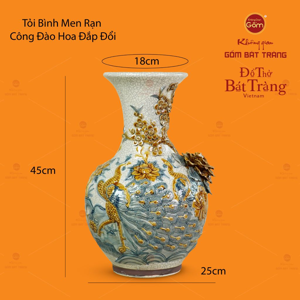Tỏi Bình Men Rạn Đắp Nổi Họa Tiết Công Đào Hoa