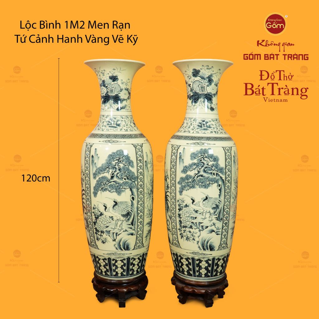 Lộc Bình 1M2 Men Rạn Hanh Vàng Tứ Cảnh Vẽ Kỹ
