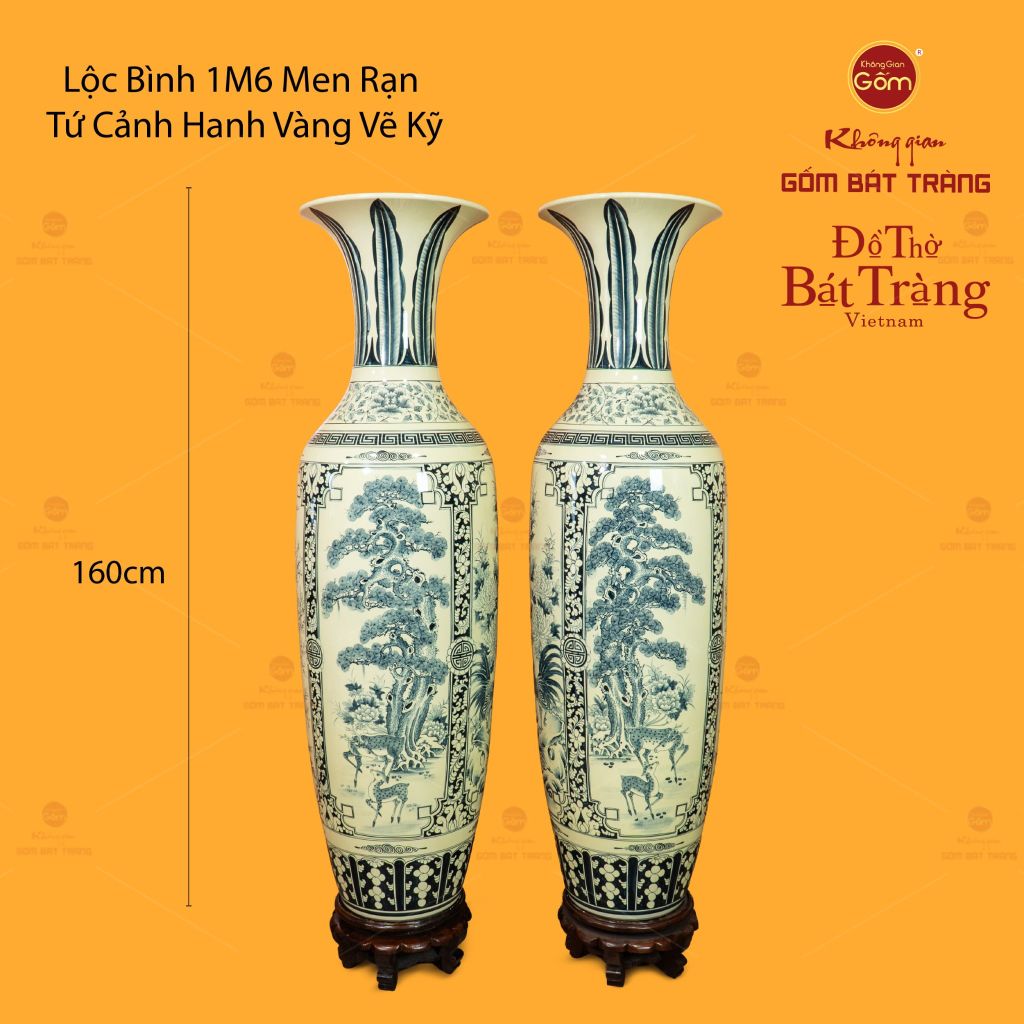 Lộc Bình 1M6 Men Rạn Hanh Vàng Tứ Cảnh Vẽ Kỹ