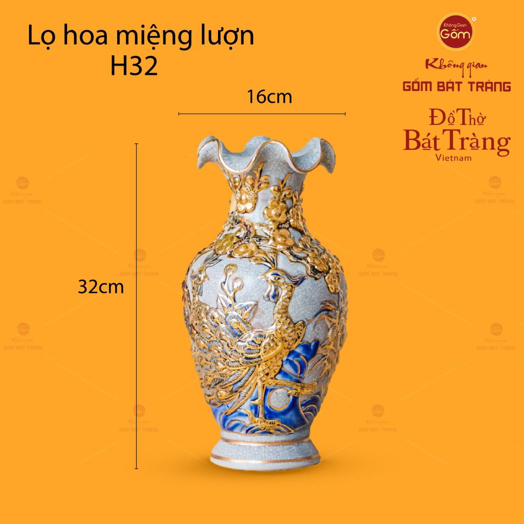 Lọ Hoa Miệng Lượn Công Đào Men Rạn Vẽ Vàng