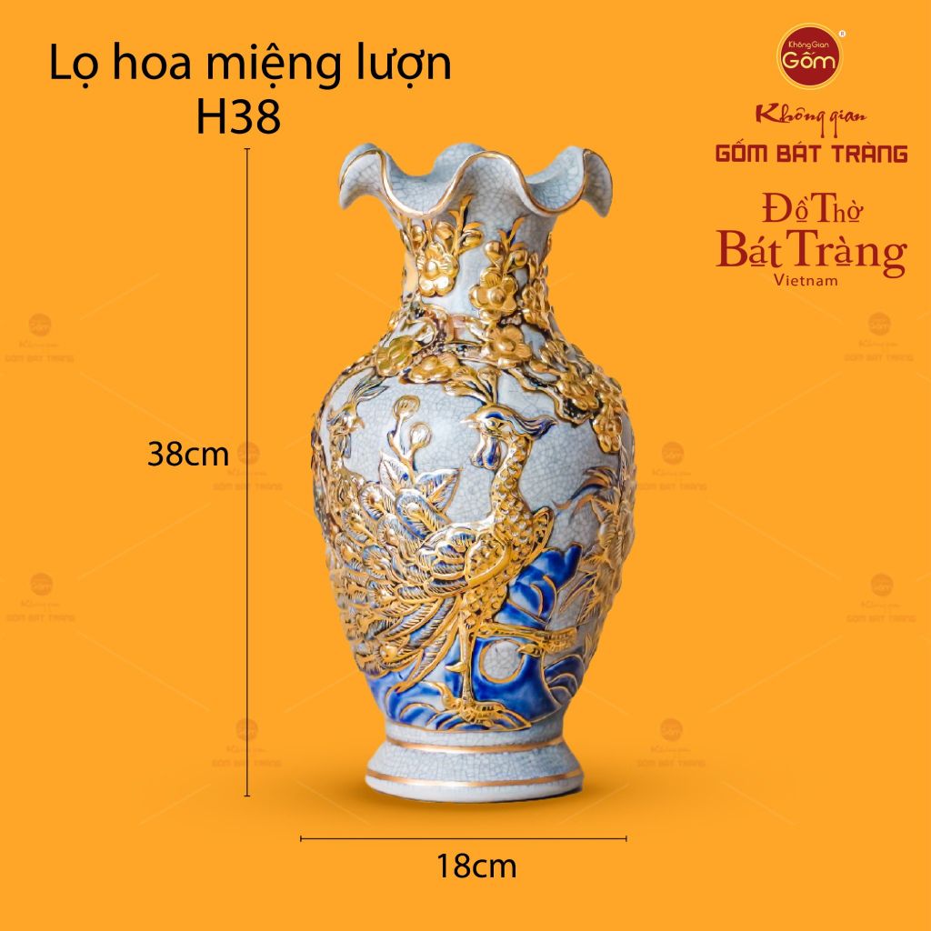 Lọ Hoa Miệng Lượn Công Đào Men Rạn Vẽ Vàng