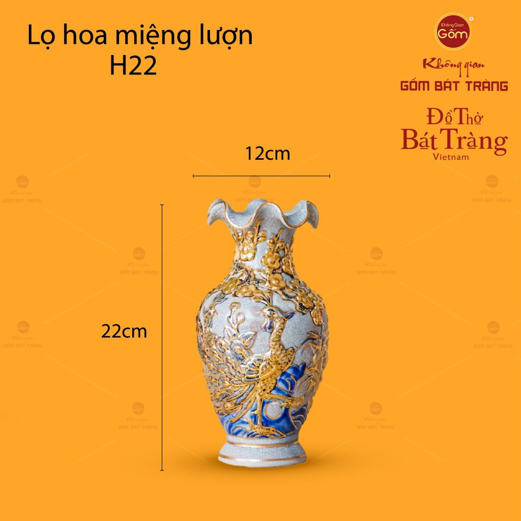 Lọ Hoa Miệng Lượn Công Đào Men Rạn Vẽ Vàng