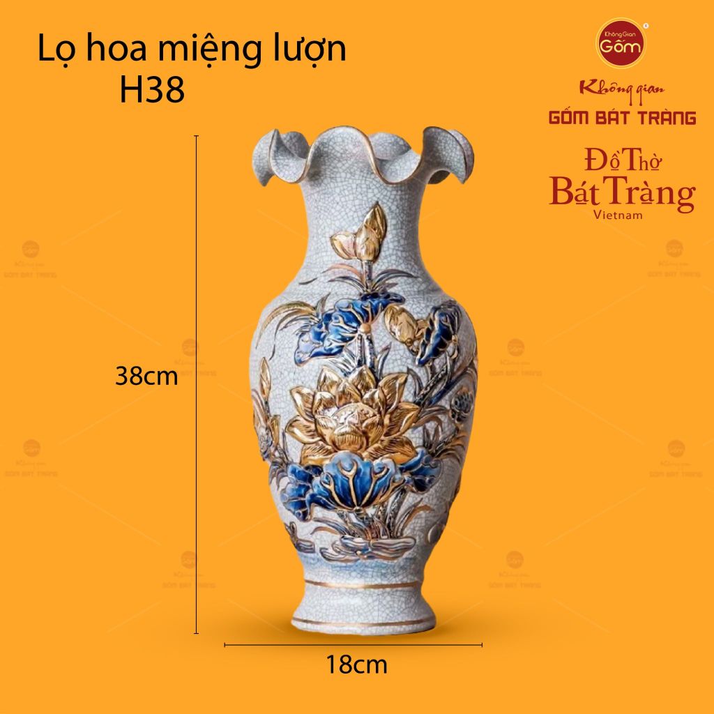 Lọ Hoa Miệng Lượn Hoa Sen Men Rạn Vẽ Vàng